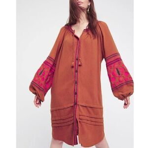 Boho Embroidered Long-Sleeve Midi Dress in Rust with Fuchsia Accents